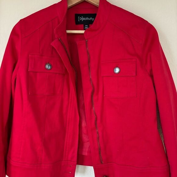 Red Jean jacket women’s medium petite blazer coat Relativity‎ Moto - Picture 3 of 9